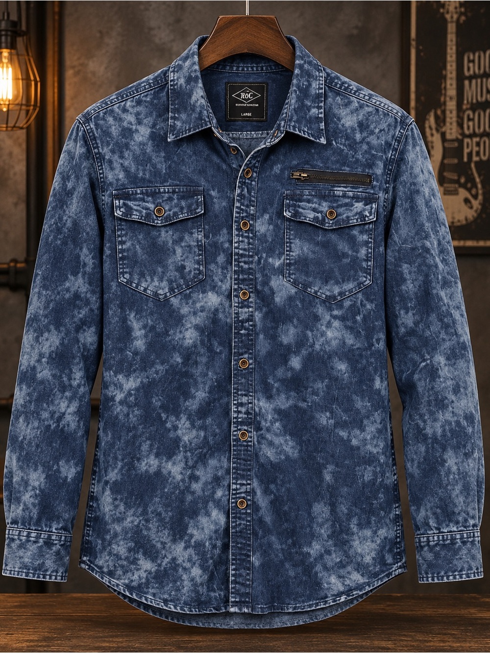 ROK Men’s Large Acid Wash Denim Shirt Y2K Grunge Stretch Button Down